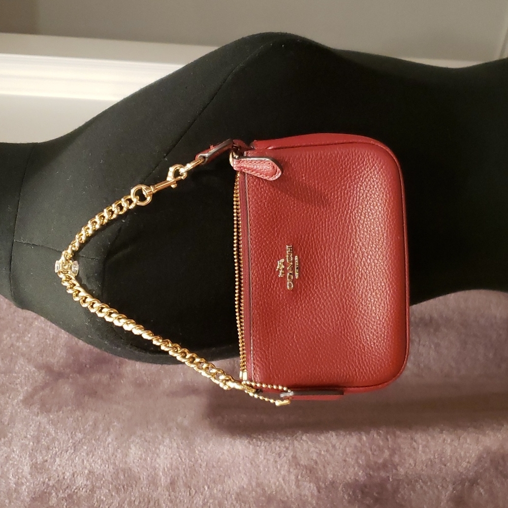 Mini Coach Red leather wrist wallet  with gold chain. 7"L x 5H